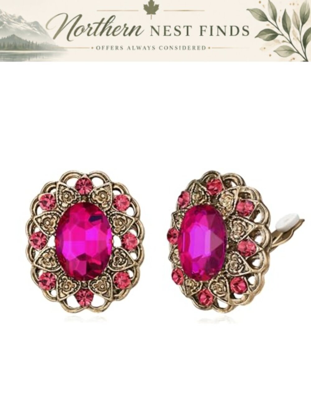 Vintage Clip On Earrings Antique Gold-Tone Rhinestone Crystal Floral Art Deco